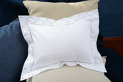 Hemstitch Baby Pillow 12"x16" Bright Green color Polka Dots.